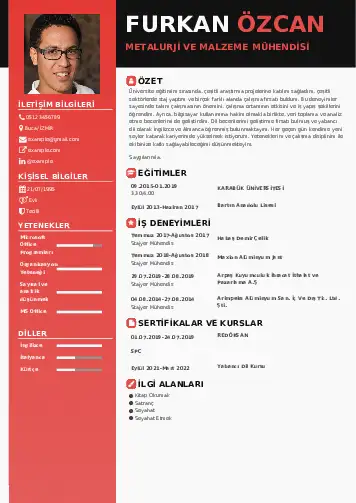 Metalürji Ve Malzeme Mühendisliği Cv Örnekleri cv indir